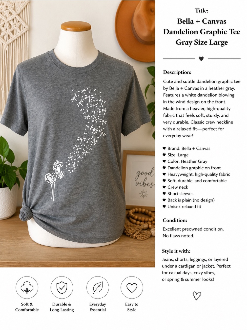 Exclusive Dandelion Graphic Tee Gray Short Sleeve Shirt Size Large